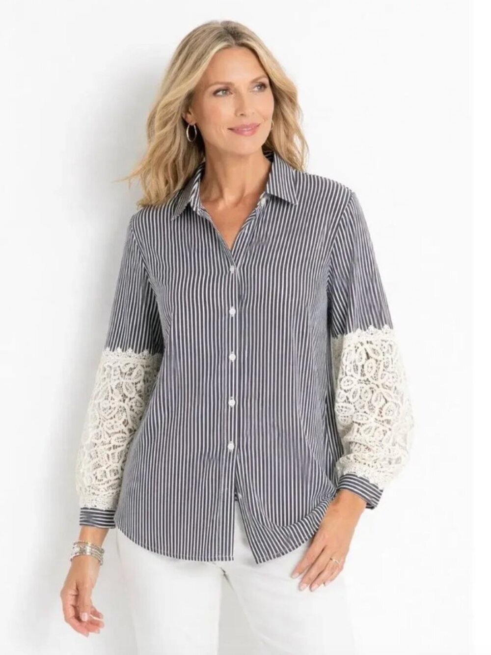 Chico’s Navy and White Striped Lace Button Down Blouse Women’s Size 6